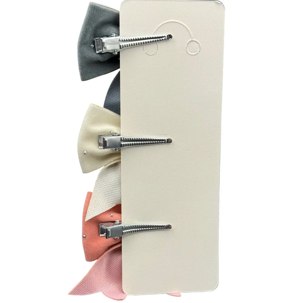 Kids Velvet Glitter‎ Grosgrain Bow Hair Clip Set Pink Cream Grey 3 Piece